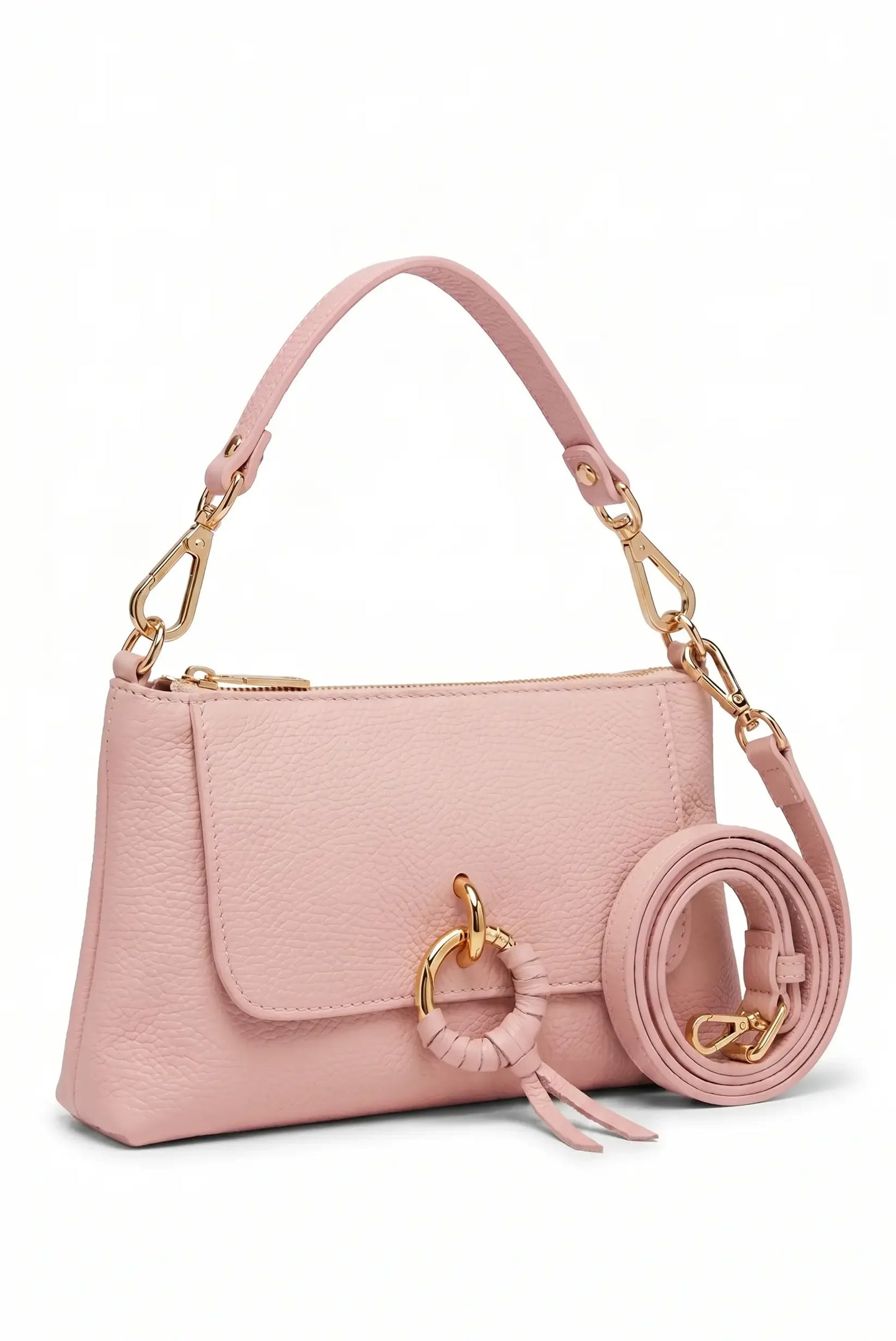Bolso pequeño rosa con broche dorado, asa corta y correa bandolera desmontable.