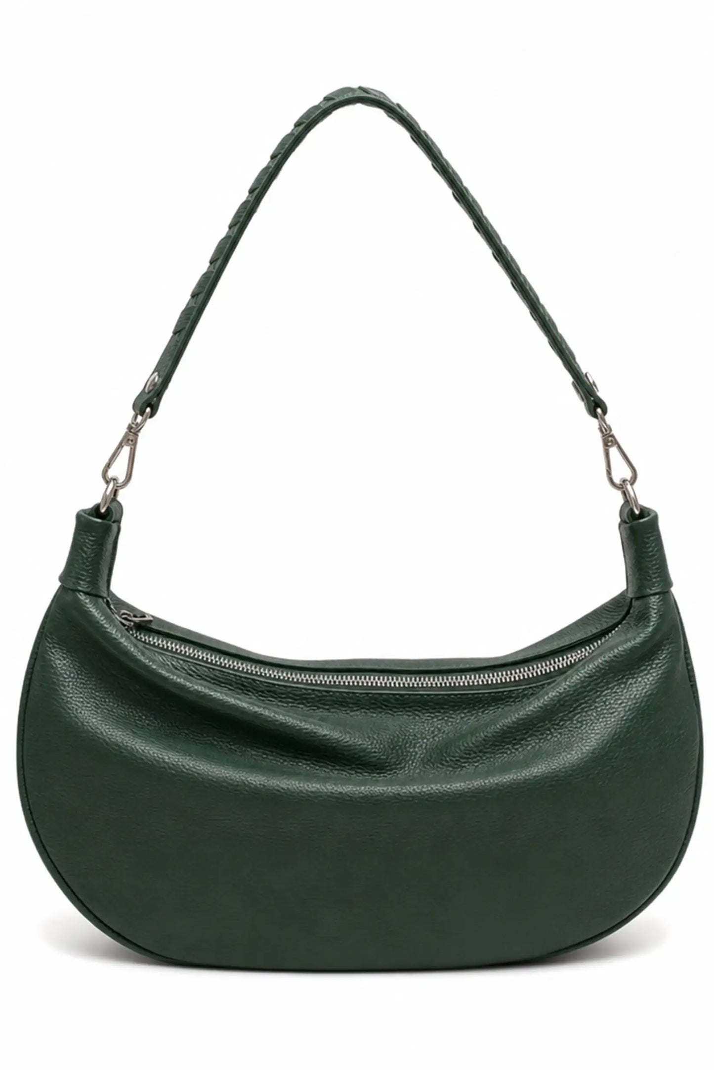Bolso de hombro en cuero verde oscuro con cierre de cremallera y asa ajustable