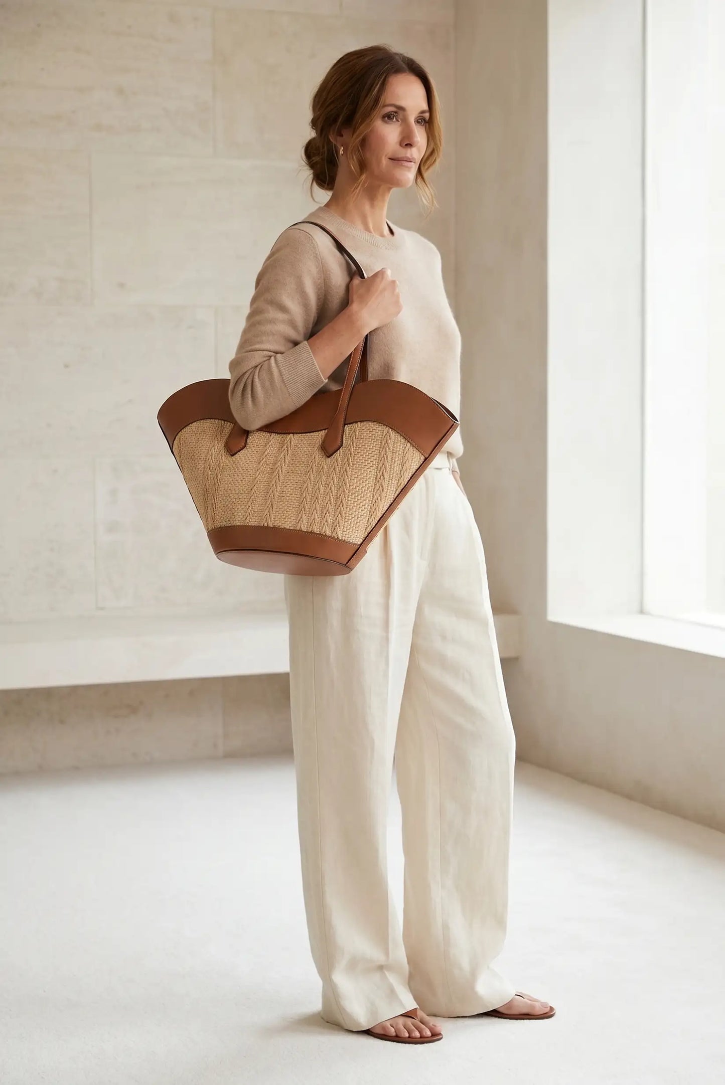 Mujer con bolso grande de rafia y detalles en piel marrón, look casual y elegante