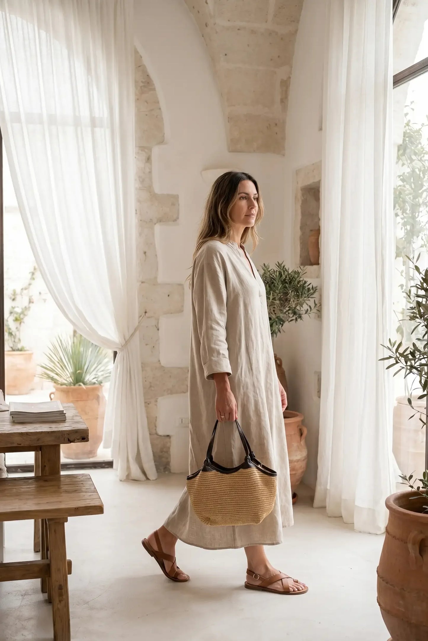 Vestido largo de lino beige con sandalias y bolso de paja, ideal para verano y looks boho chic