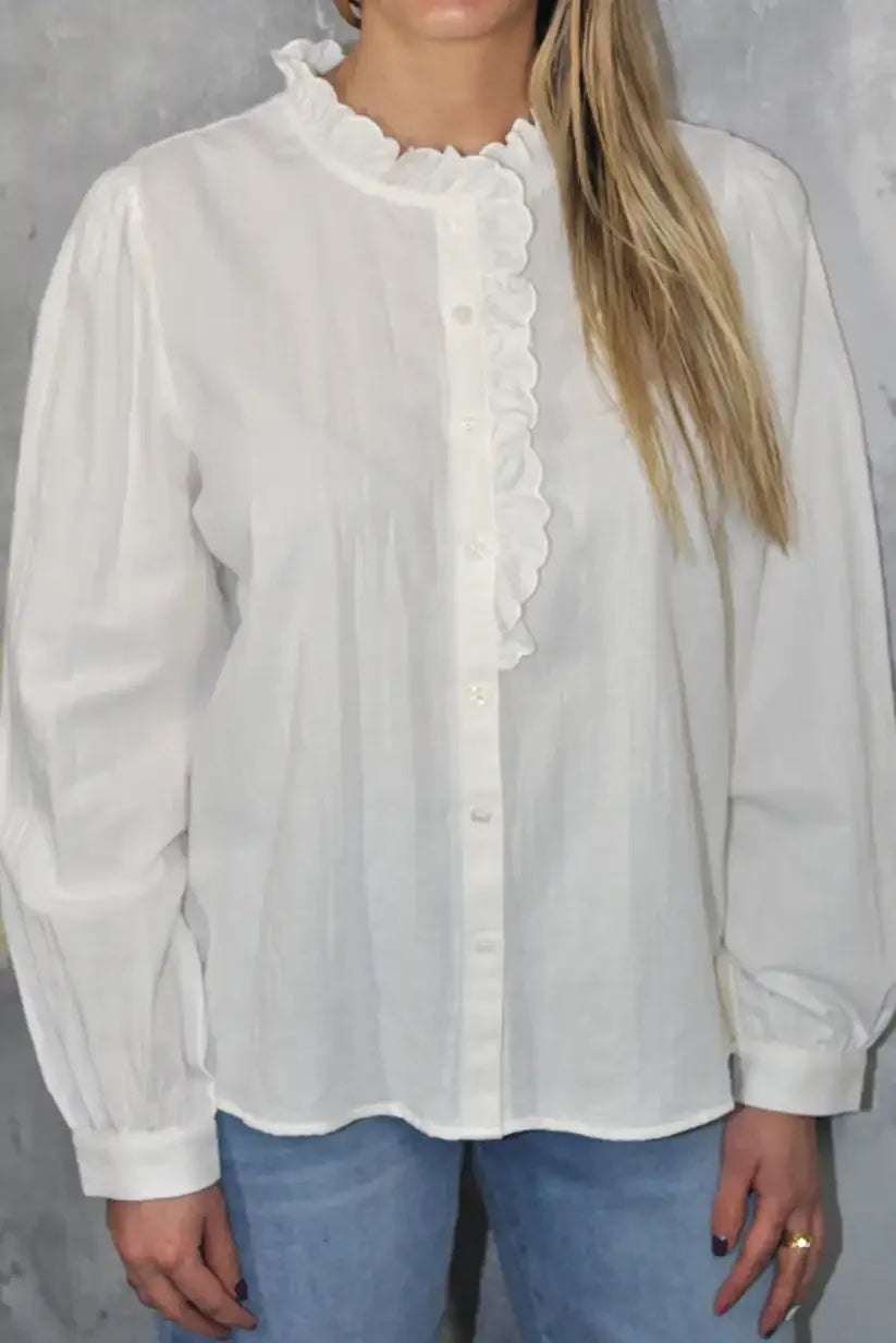 Camisa blanca vintage mujer con volantes y bordados románticos - CHICA del Sur