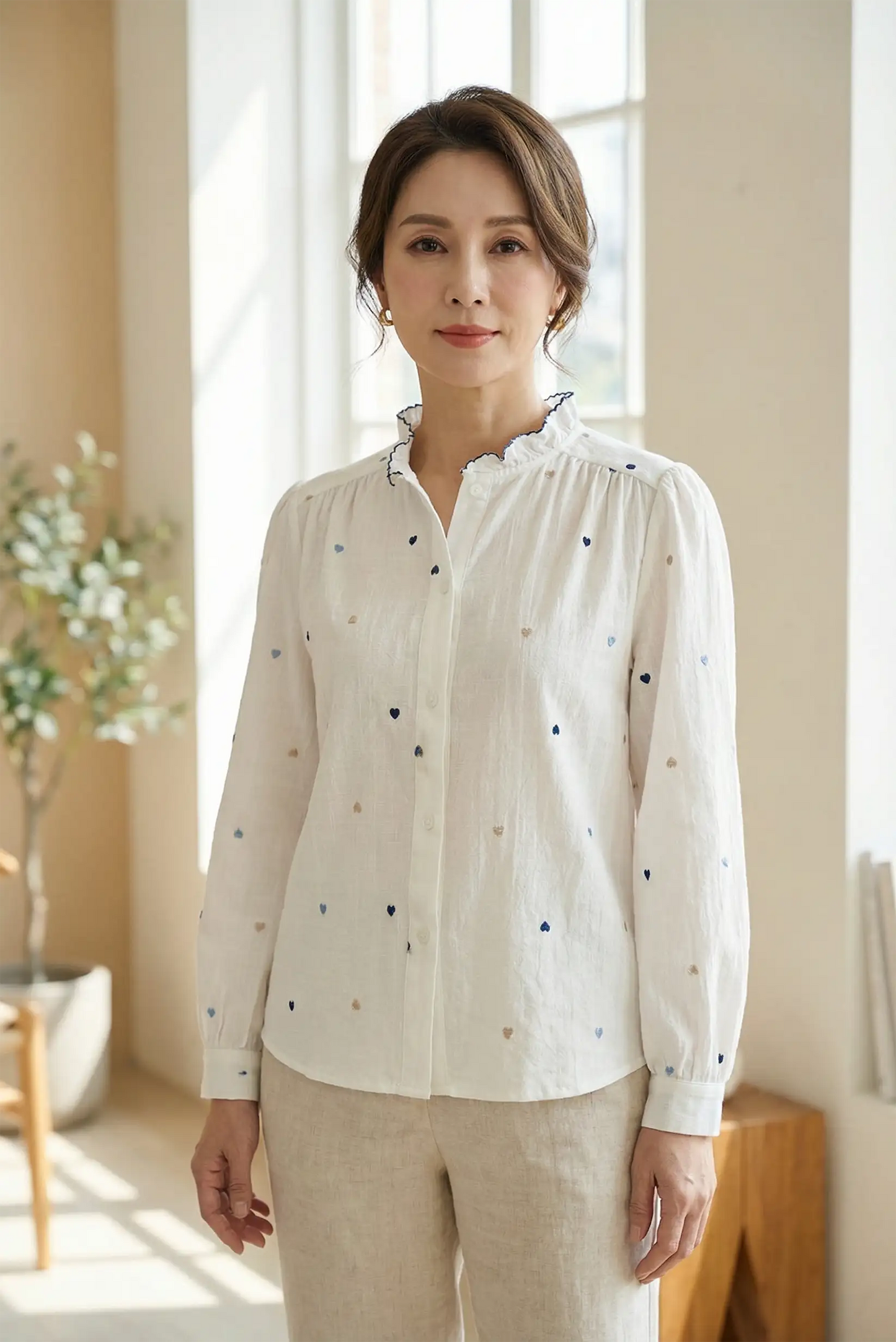 Camisa blanca para mujer con estampado de corazones azules, moda primavera CHICA del Sur