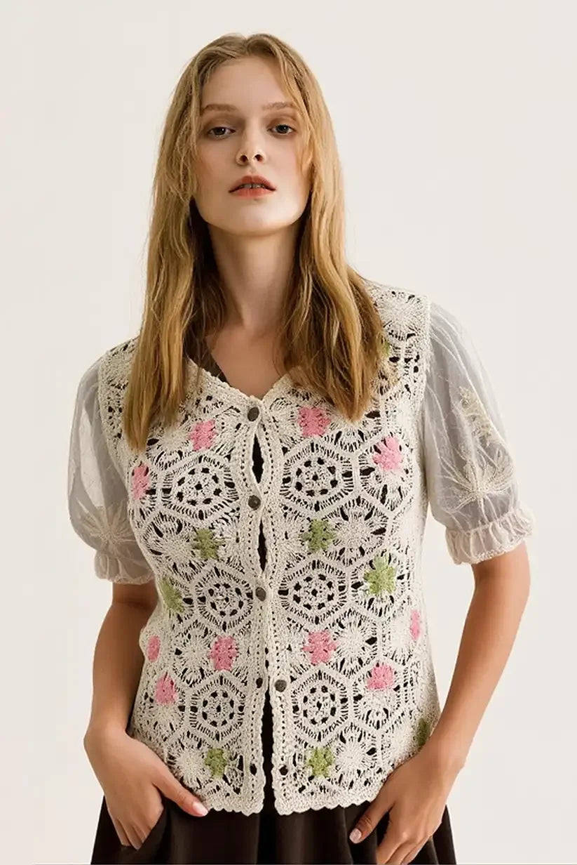 Jersey crochet mujer manga corta beige - CHICA del Sur