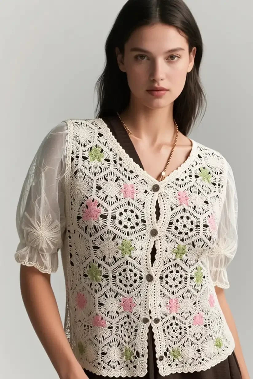 Jersey crochet mujer manga corta beige - CHICA del Sur
