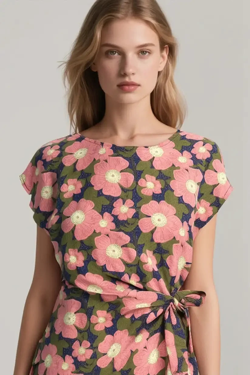 Camisa Mujer Verano Floral Azul con Rosas y Lazo Lateral Elegante - CHICA del Sur