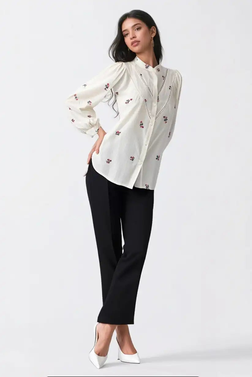 Camisa Mujer Beige Manga Larga con Bordados Florales Algodón - CHICA del Sur