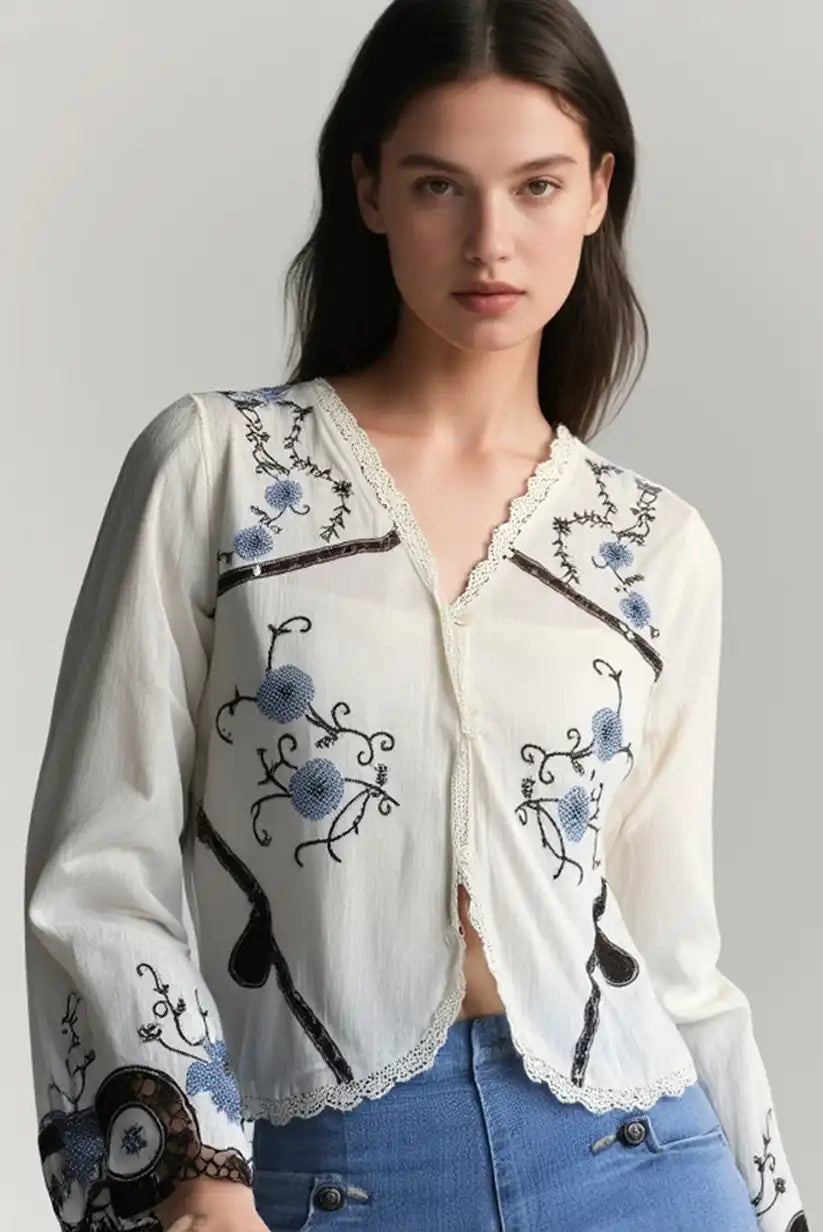 Blusa Boho Beige Mujer con Bordados Florales y Puntilla Algodón - CHICA del Sur
