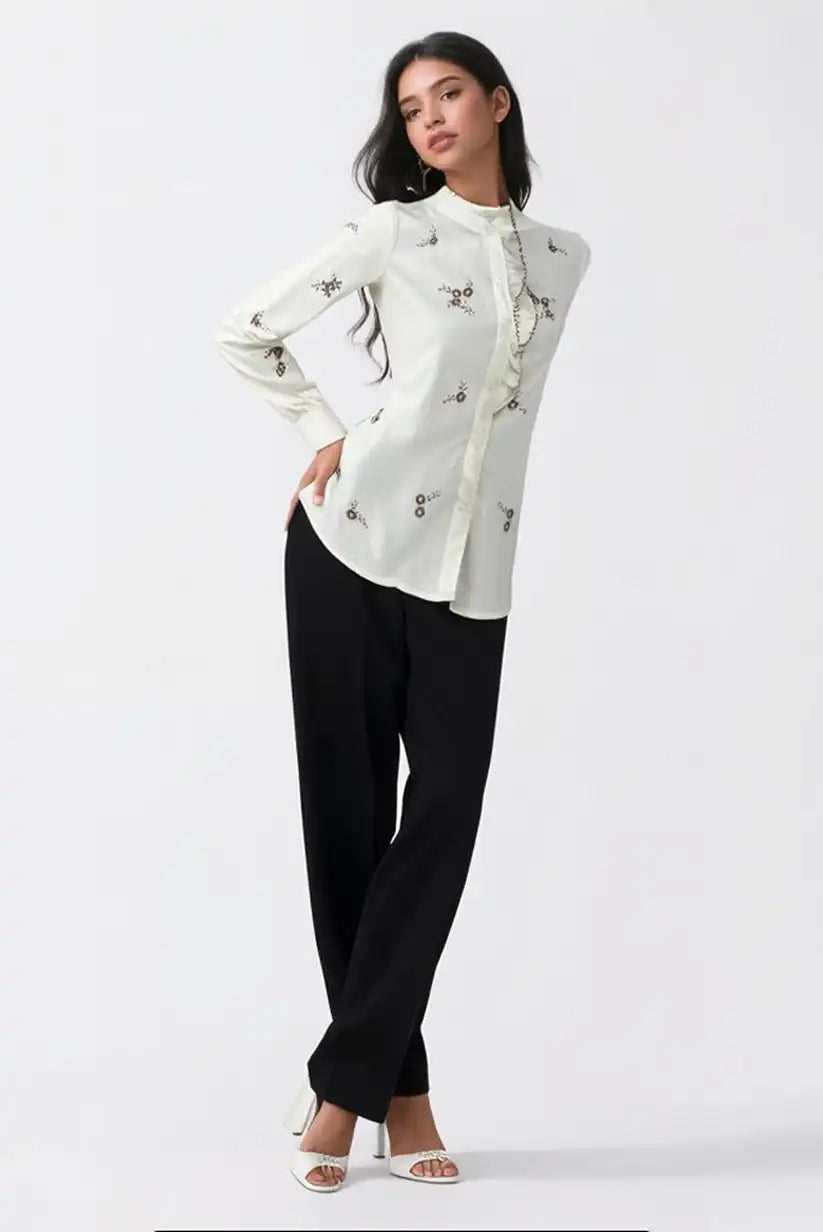 Camisa Mujer Manga Larga Beige Bordada Algodón Estilo Boho Chic - CHICA del Sur