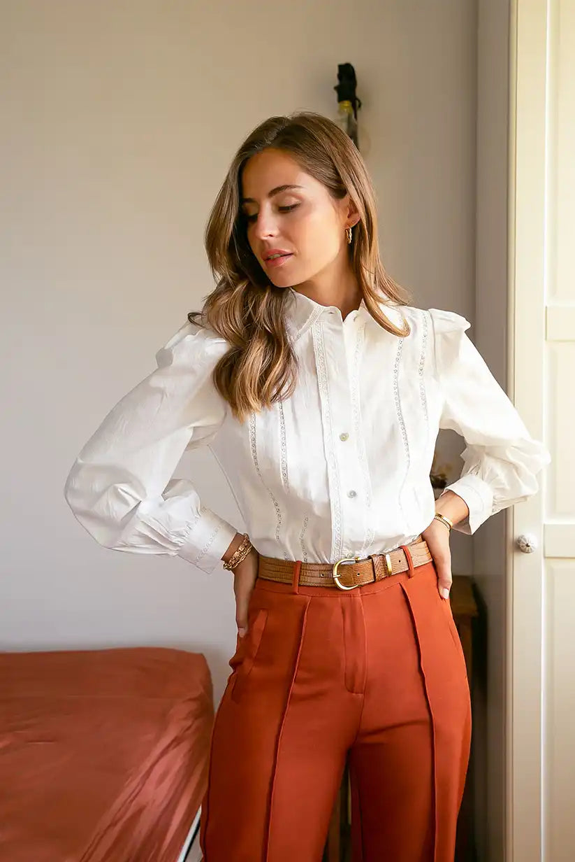 Camisa blanca bordada mujer manga larga algodón romántica cómoda - CHICA del Sur