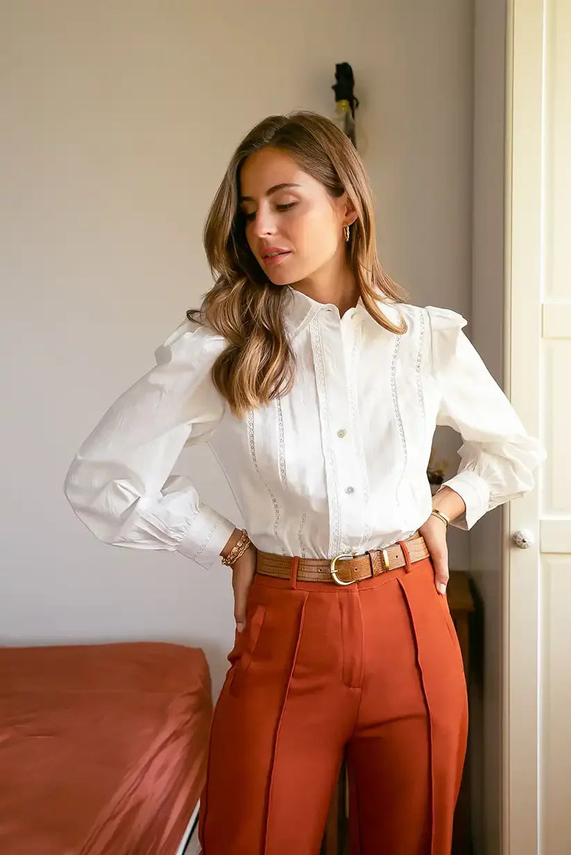 Camisa blanca bordada mujer manga larga algodón romántica cómoda - CHICA del Sur