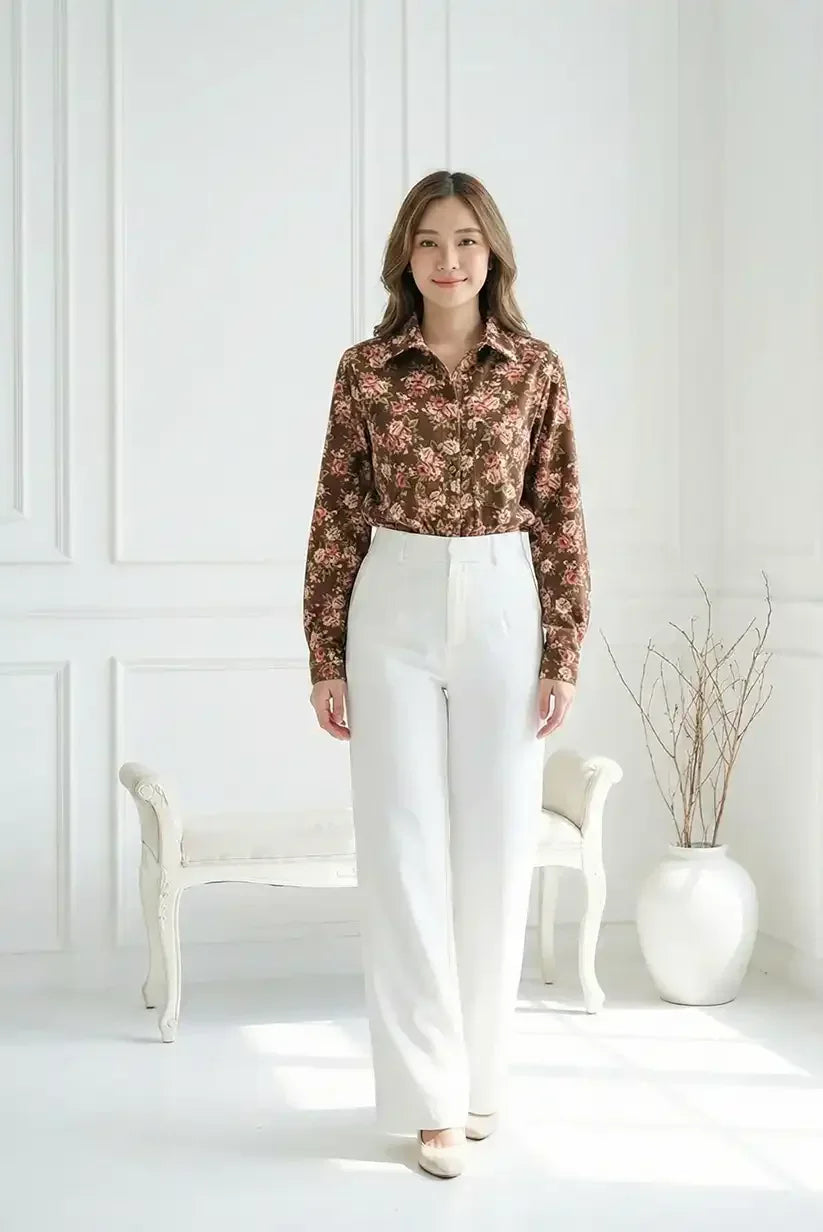 Camisa mujer manga larga marrón floral - CHICA del Sur