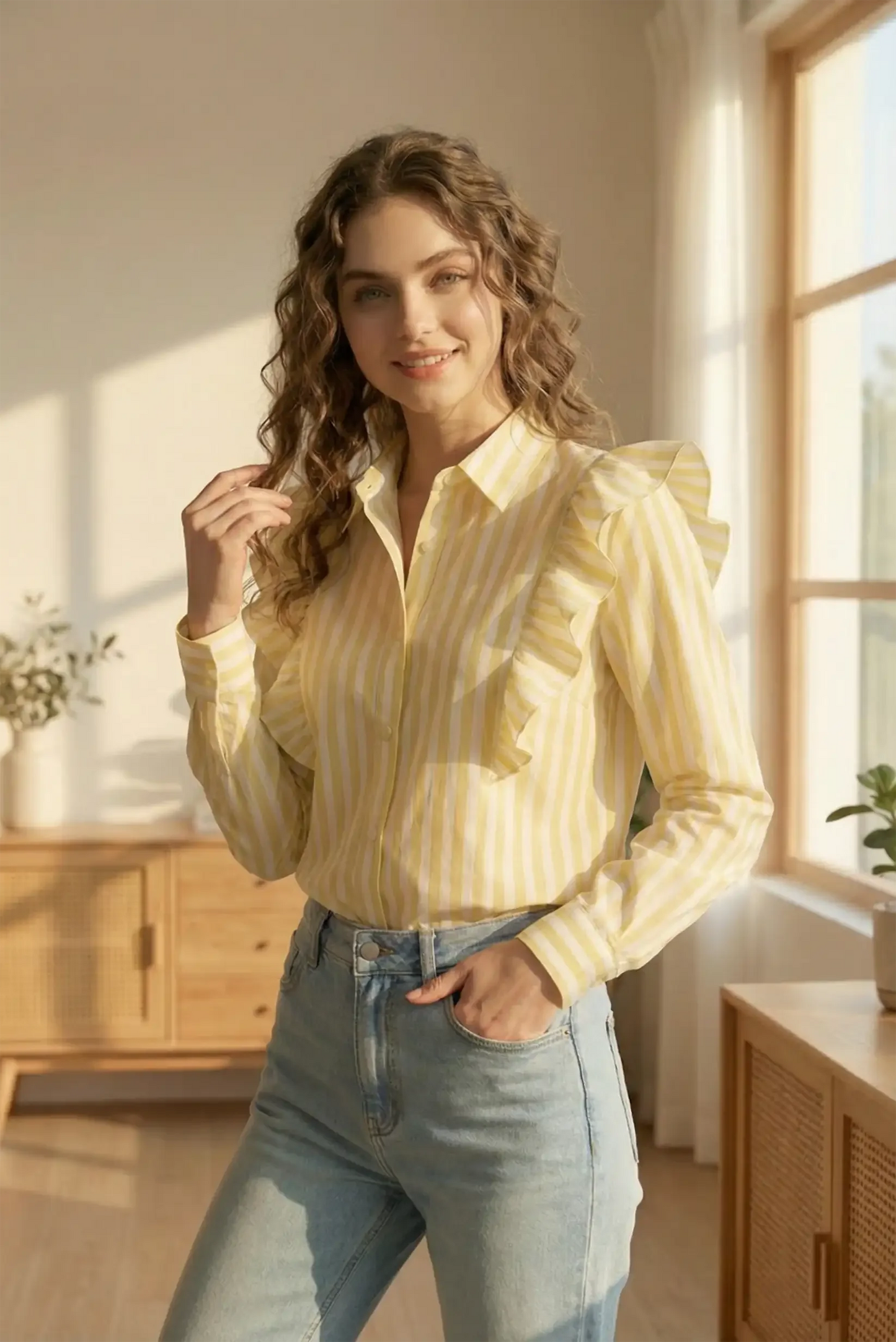 Mujer con camisa de rayas amarillas y volantes, moda casual CHICA del Sur, primavera, luz natural