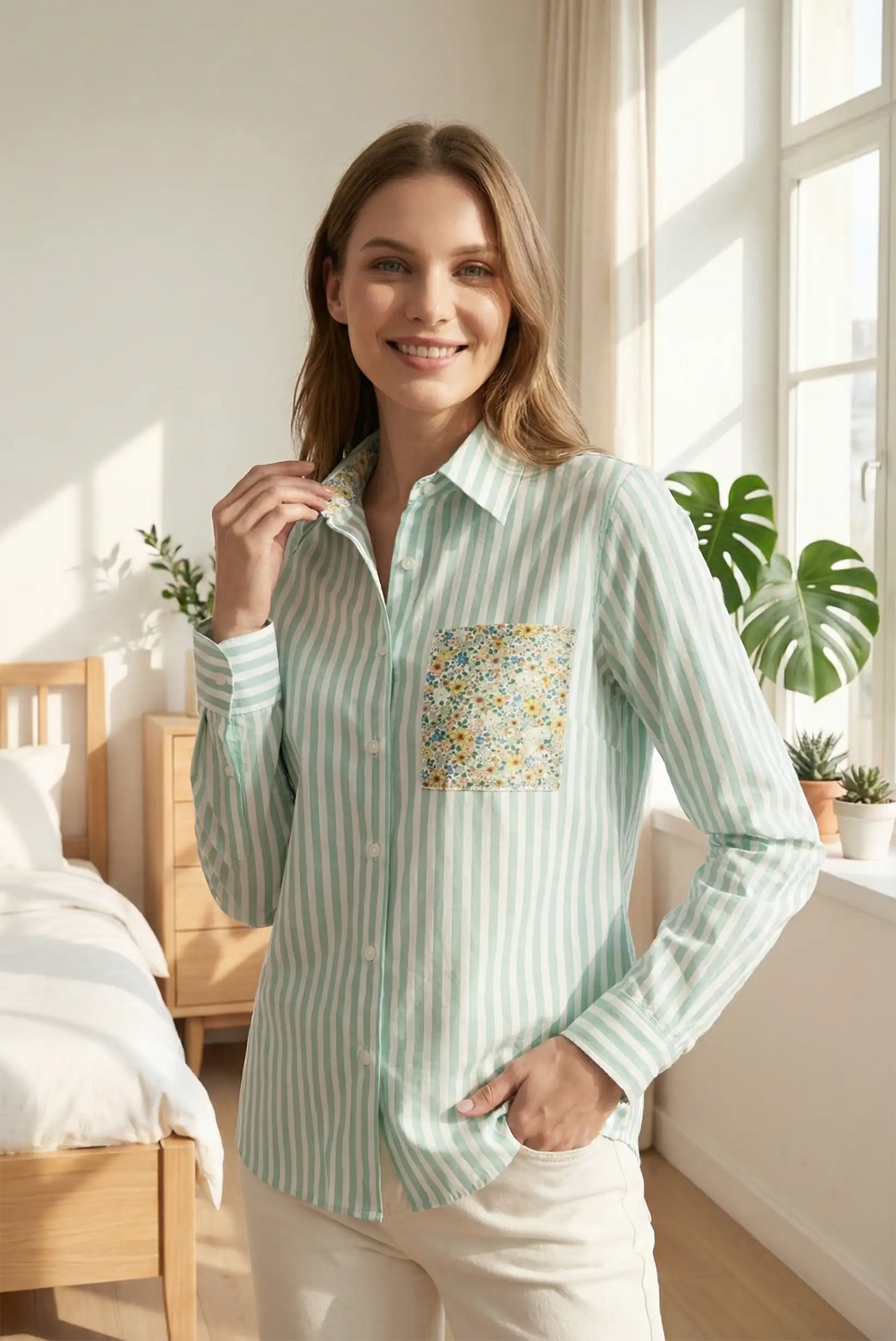 Mujer con camisa verde de rayas y bolsillo floral, moda casual CHICA del Sur, primavera.