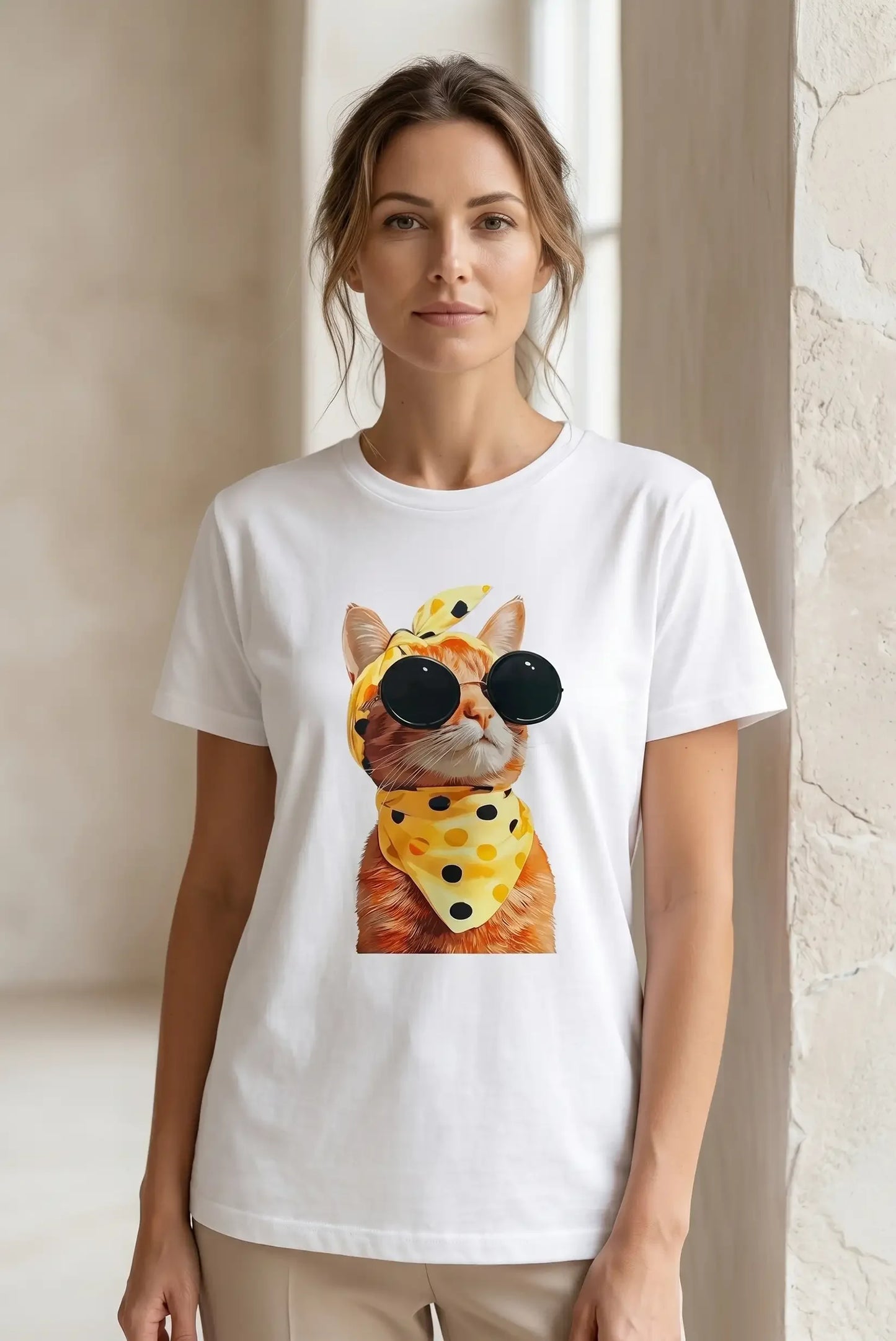 Camiseta blanca mujer con estampado de gato naranja, pañuelo amarillo y gafas de sol