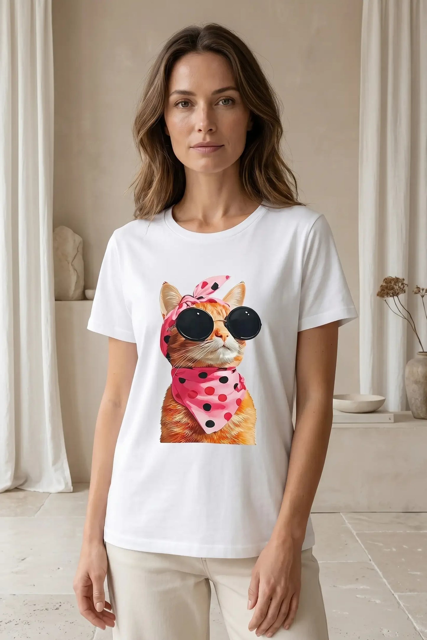 Mujer con camiseta blanca de manga corta, estampado de gato con gafas y pañuelo rosa.