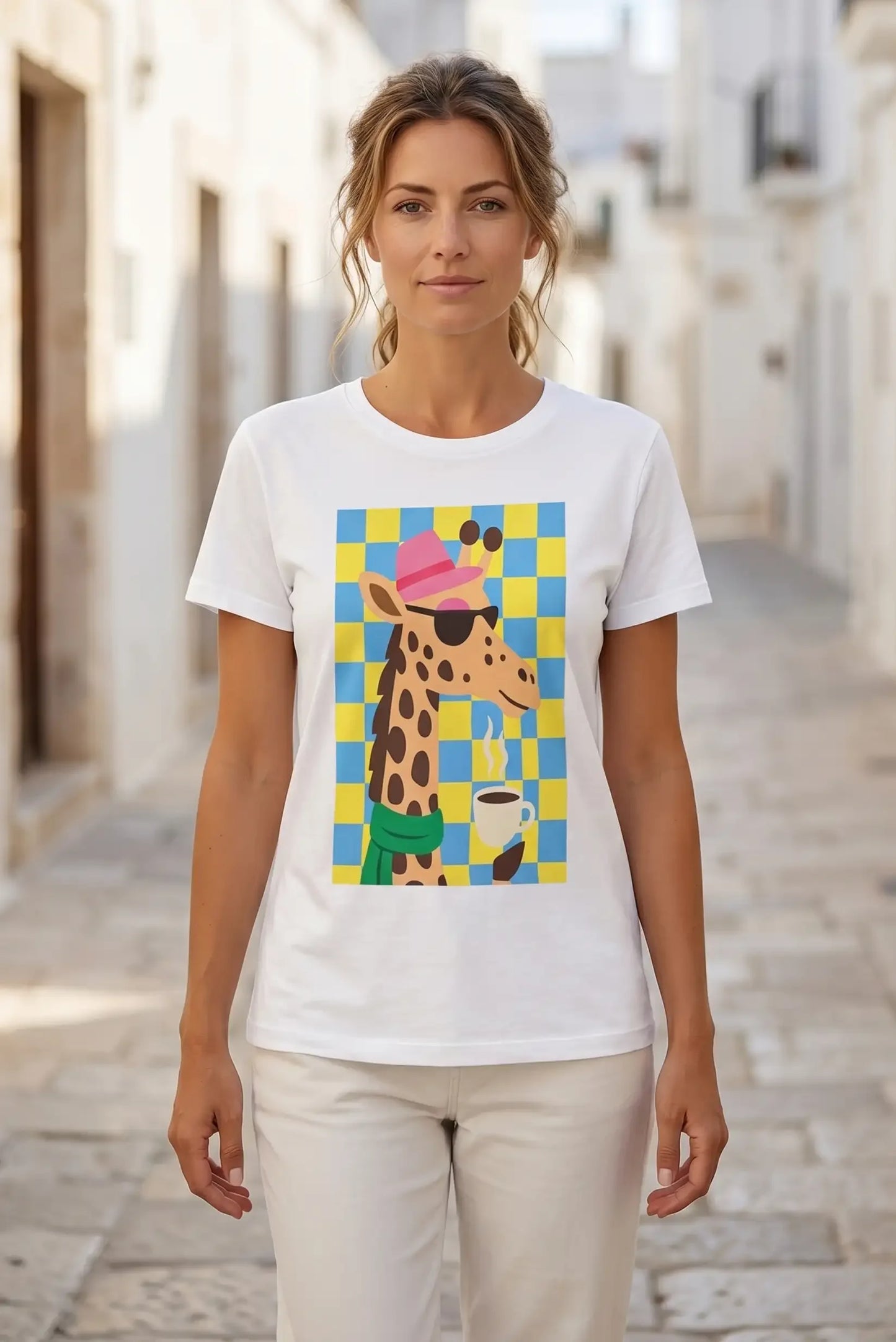 Camiseta blanca con jirafa estilizada, sombrero rosa y taza de café, ideal para moda femenina casual.