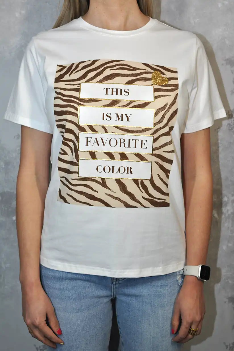Camiseta Blanca Mujer | Estampado Cebra + Frase “THIS IS MY FAVORITE COLOR” - CHICA del Sur