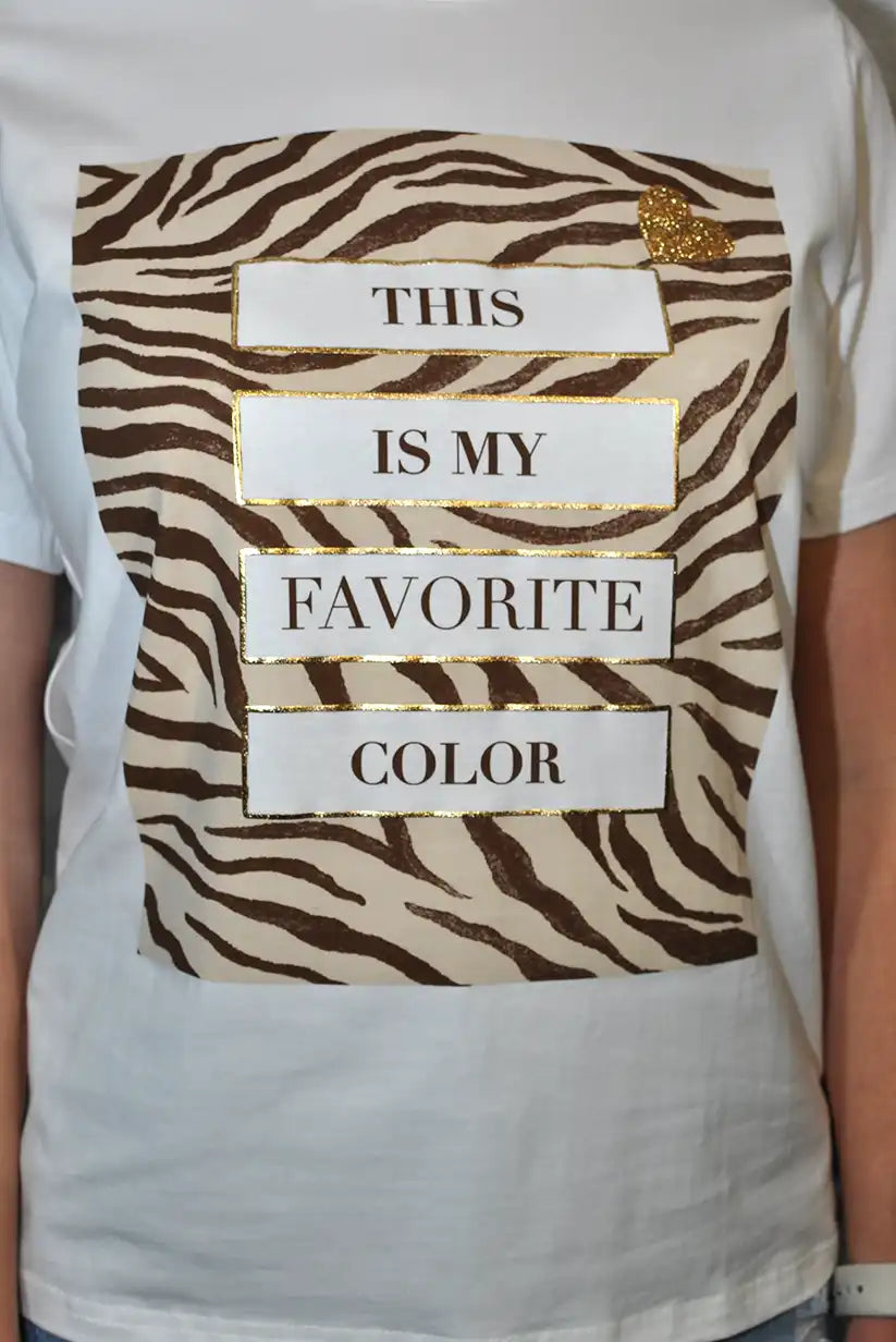 Camiseta Blanca Mujer | Estampado Cebra + Frase “THIS IS MY FAVORITE COLOR” - CHICA del Sur