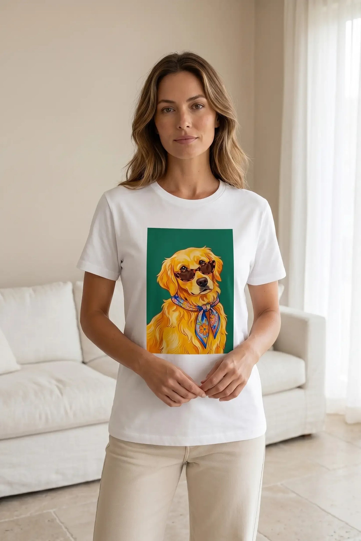 Camiseta blanca con estampado de perro golden con gafas y pañuelo, moda casual femenina