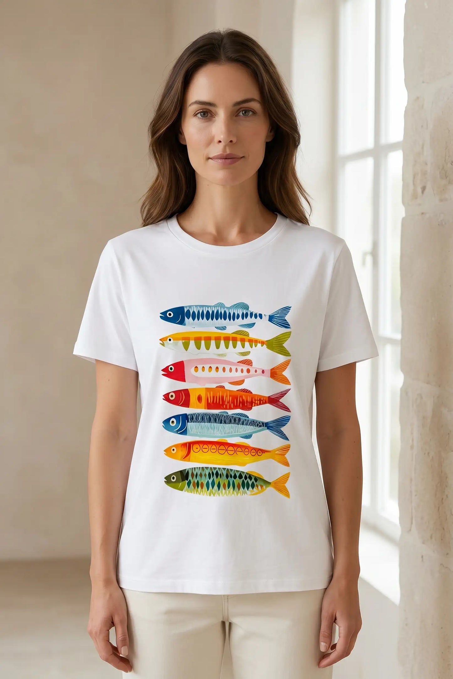 Camiseta Blanca Mujer Estampado Sardinas de Colores