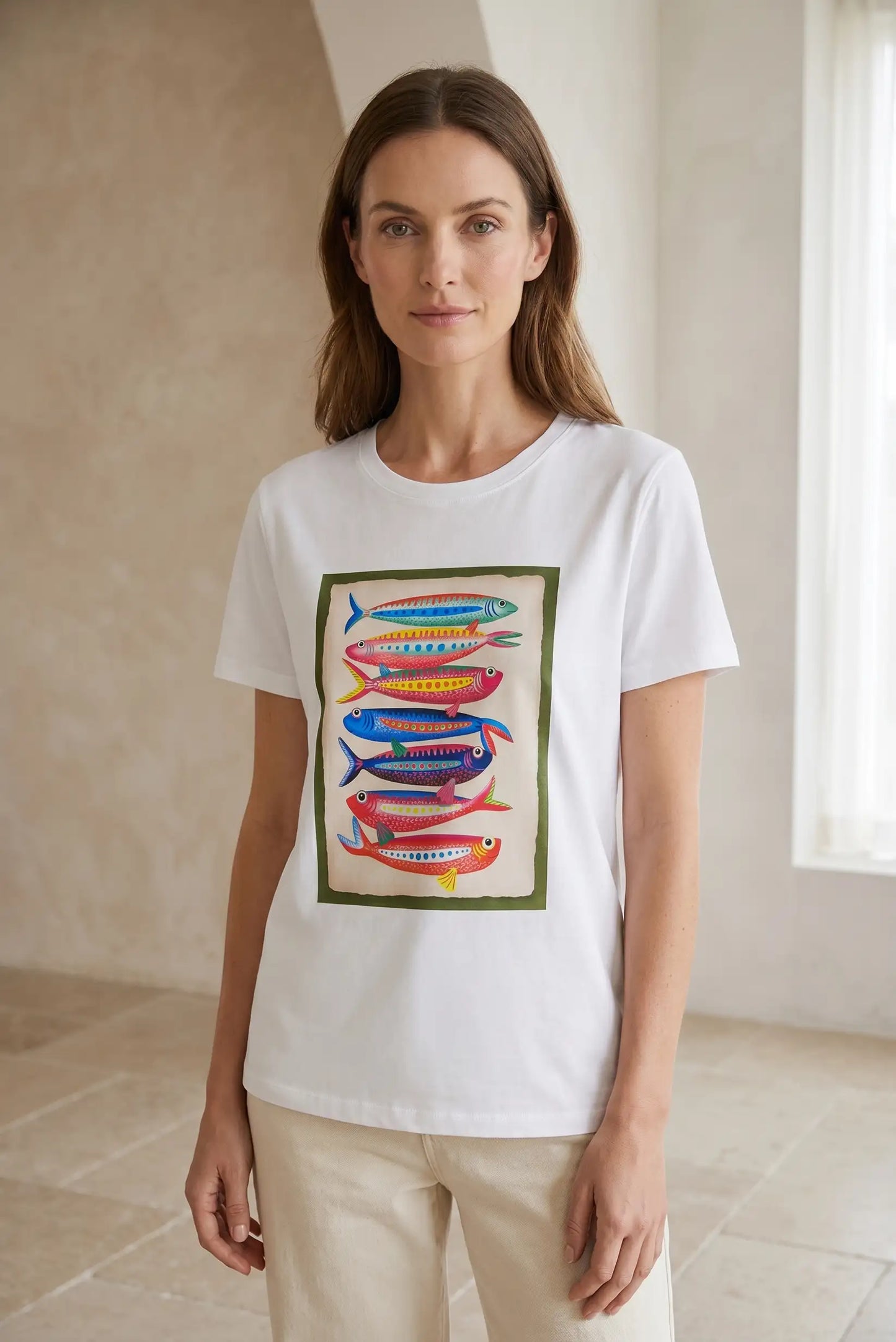 Camiseta Blanca Mujer Estampado Peces de Colores