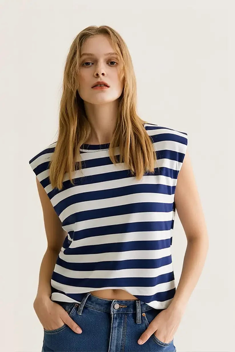 Camiseta Mujer Sin Mangas Rayas Hombreras Azul Marino Blanca - CHICA del Sur