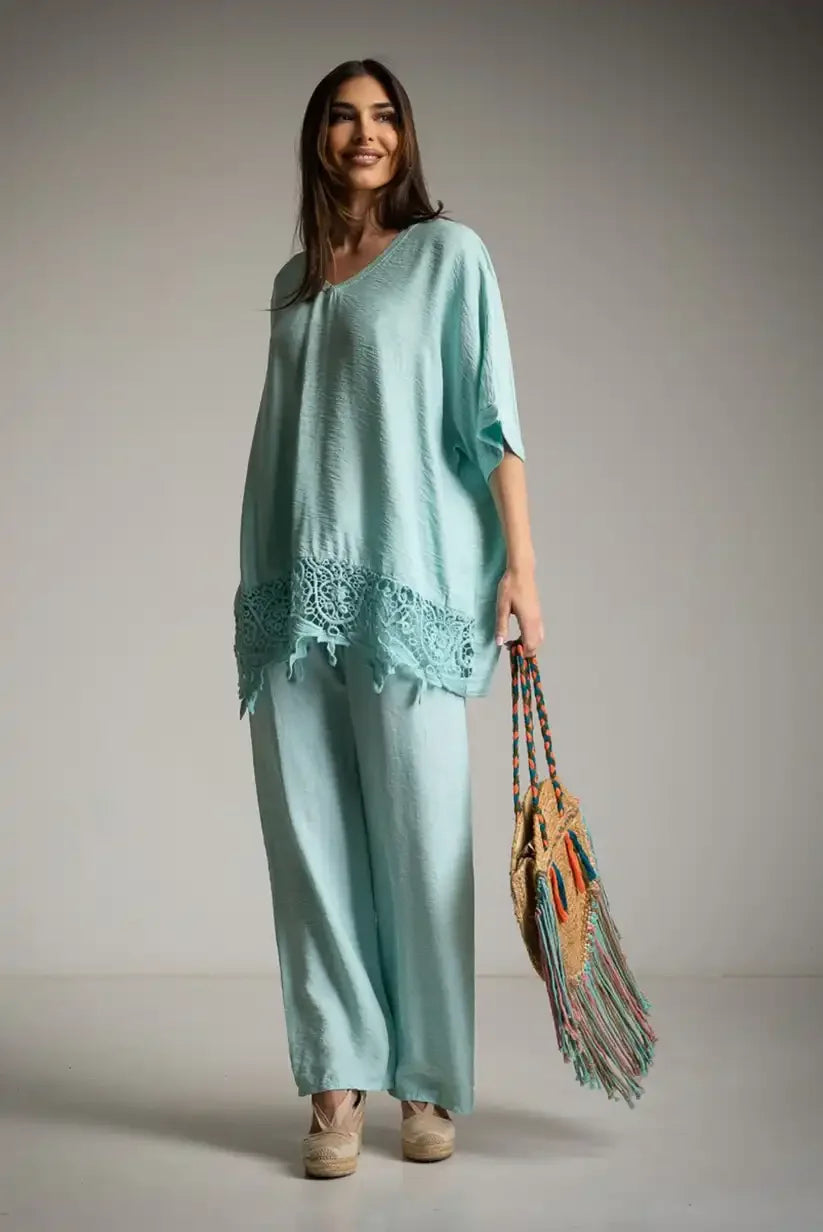 Camiseta Oversize Mujer Turquesa con Puntilla Boho Chic Verano - CHICA del Sur