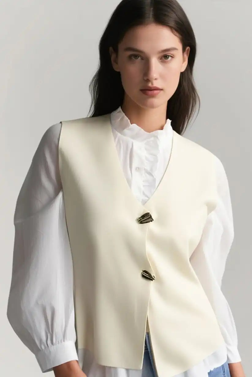 Chaleco De Punto Beige Mujer Con Botones Dorados Elegante Casual - CHICA del Sur