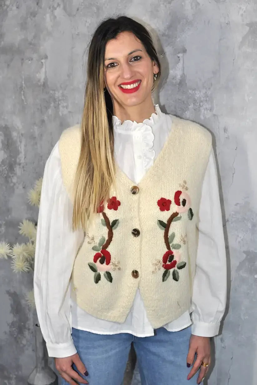 Chaleco de Punto Bordado Mujer Provenza Beige - CHICA del Sur