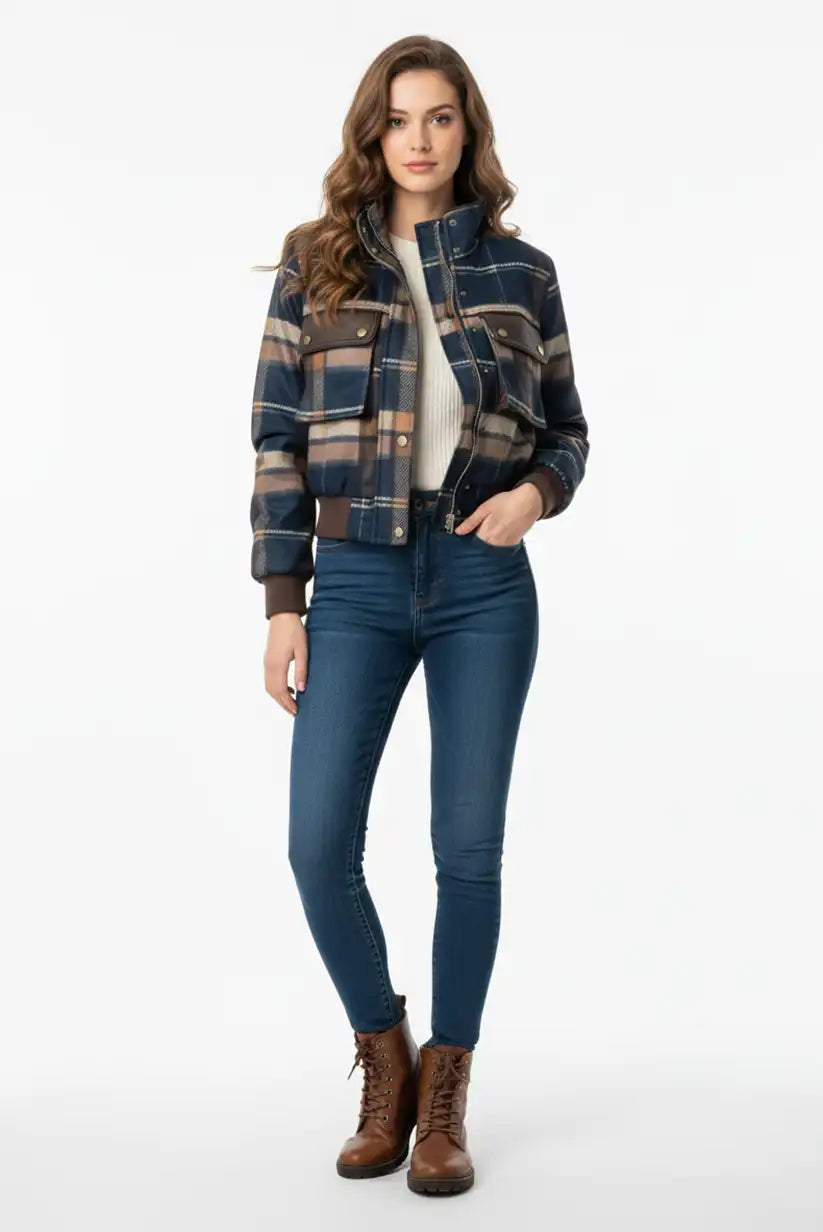 Chaqueta Bomber Aviador Mujer Cuadros Azul Marrón Estilo Vintage