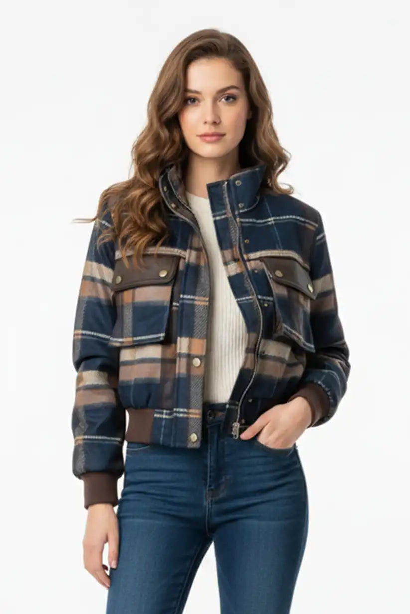 Chaqueta Bomber Aviador Mujer Cuadros Azul Marrón Estilo Vintage