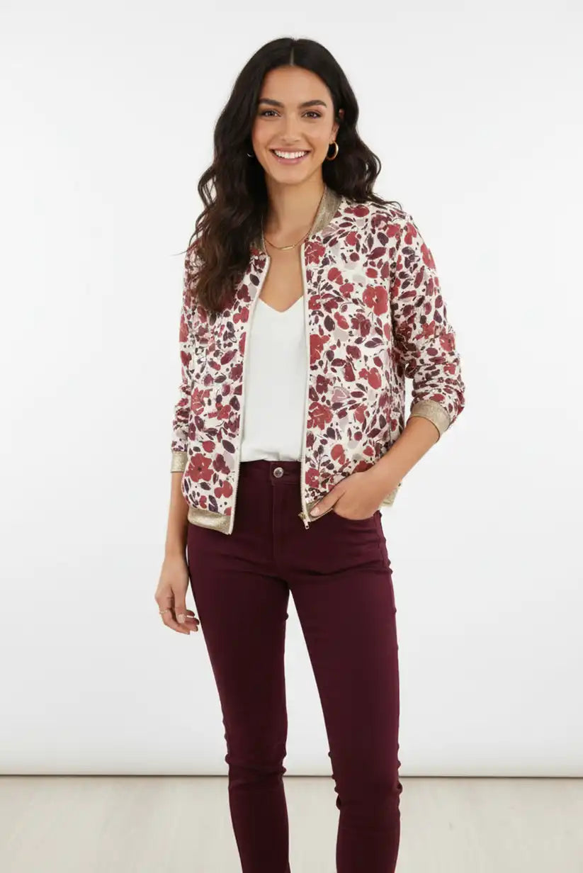 Chaqueta Bomber Floral Mujer Tonos Tierra Elegante y Cómoda