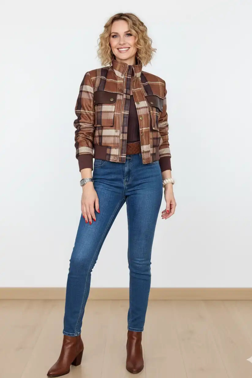 Chaqueta Bomber Aviador Mujer Cuadros Marrones Estilo Retro Cálido