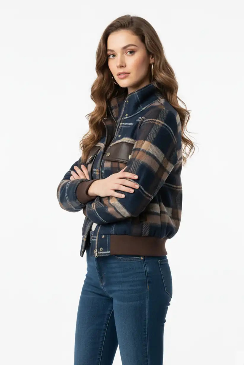 Chaqueta Bomber Aviador Mujer Cuadros Azul Marrón Estilo Vintage