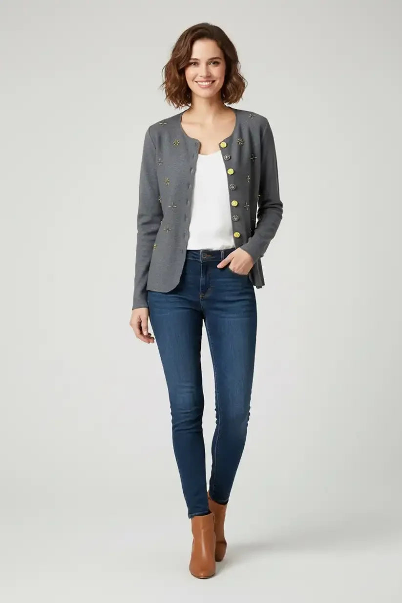 Chaqueta Mujer Gris con Detalles Dorados Elegante y Versátil - CHICA del Sur