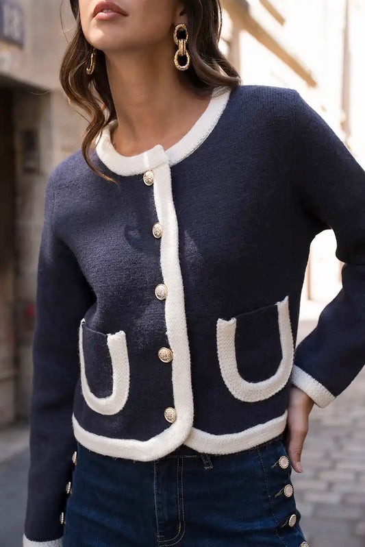 Chaqueta Azul Marino Mujer con Ribete Beige y Botones Dorados - CHICA del Sur