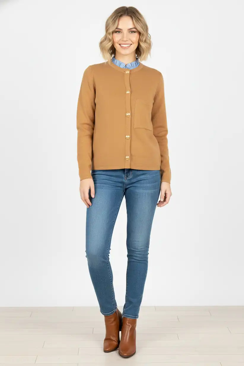 Chaqueta Mujer Camel Elegante con Cuello Detalle Tallas S/M M/L