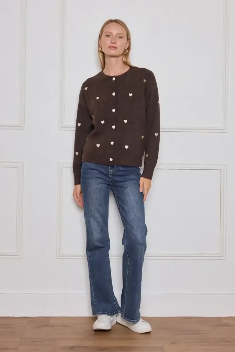 Chaqueta mujer cardigan Marrón con corazones bordados beige - CHICA del Sur