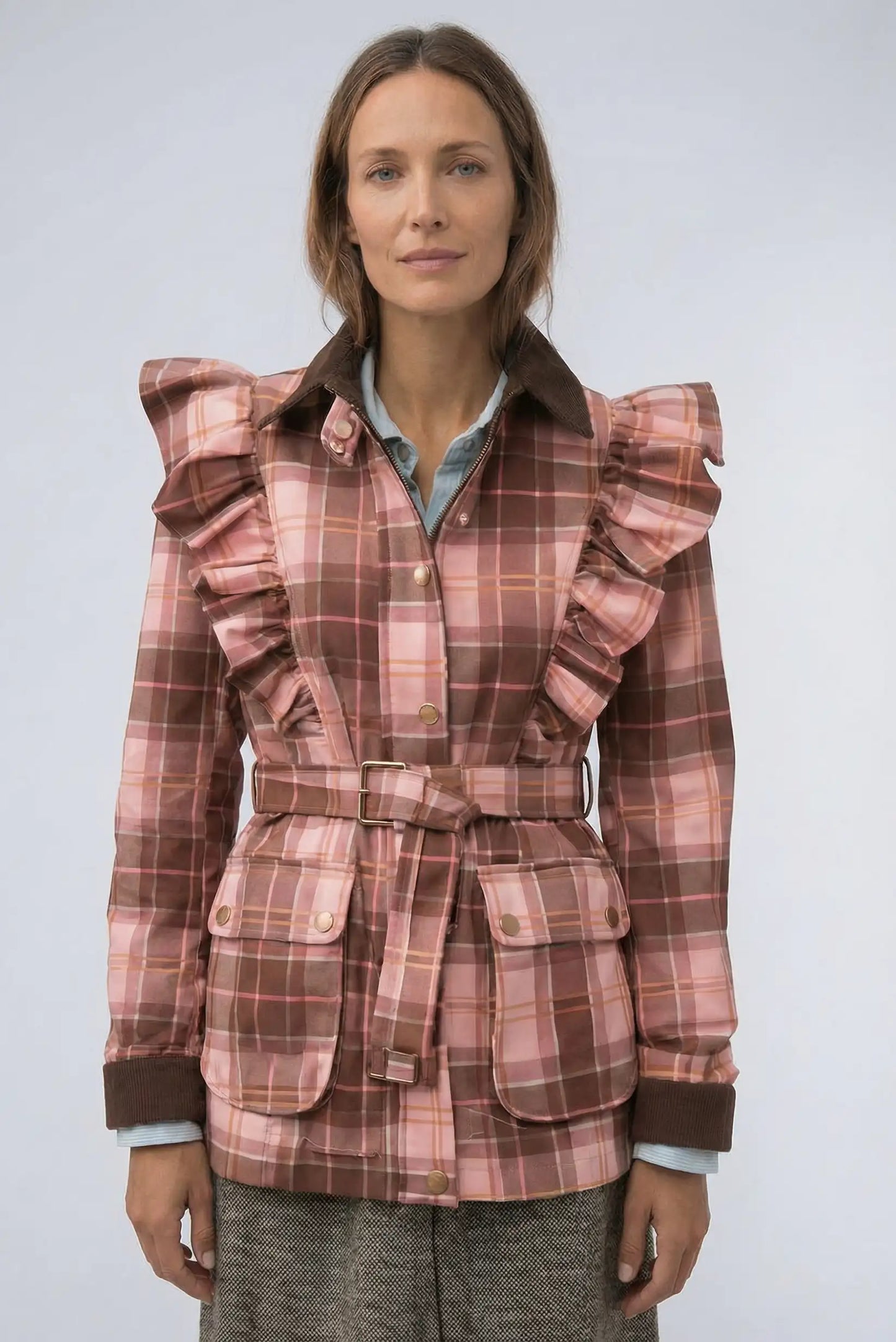 Chaqueta mujer cuadros rosas estilo Barbour con volantes, moda femenina CHICA del Sur