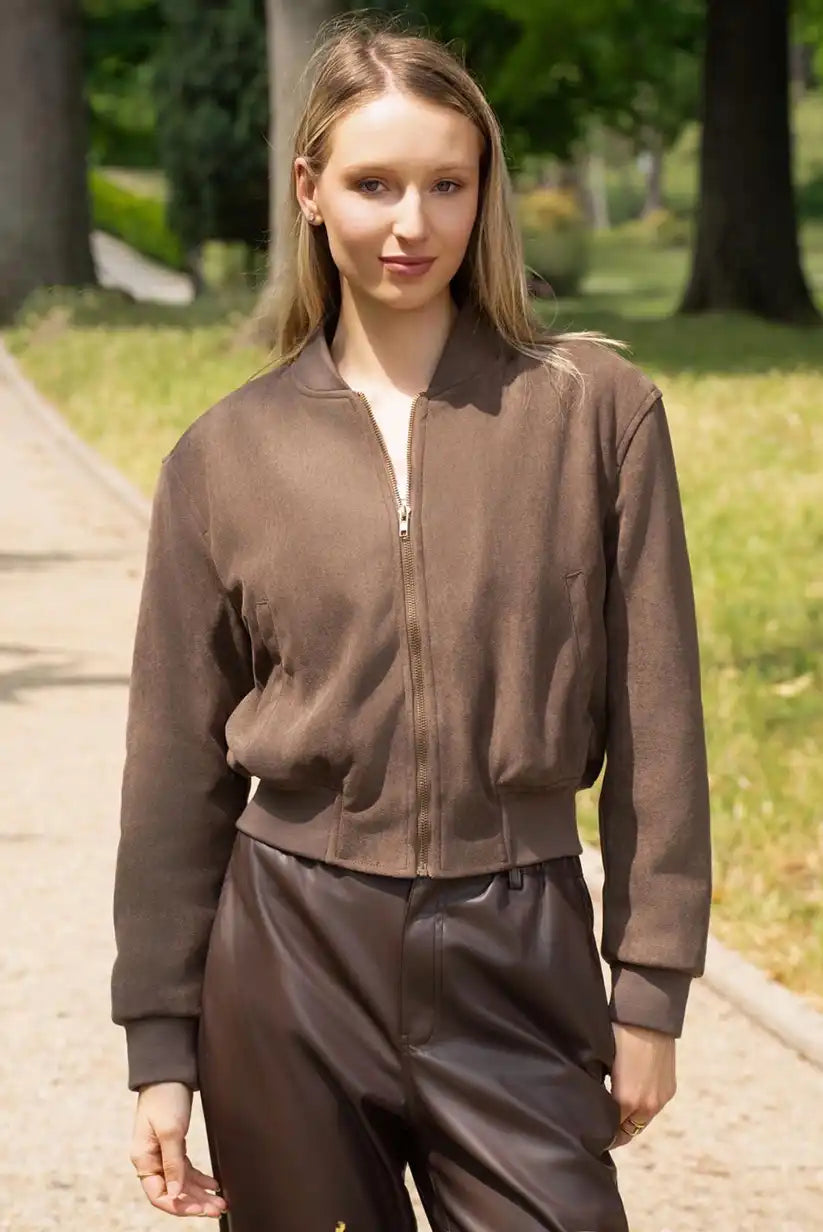 Chaqueta Bomber Mujer Marrón Chocolate Otoño con Cremallera Moderna - CHICA del Sur