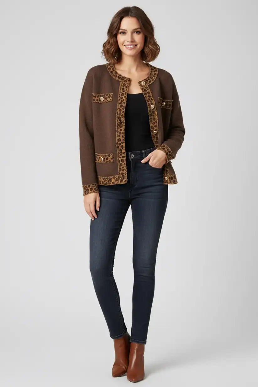 Chaqueta Mujer Marrón Chocolate Animal Print Elegante y Moderna