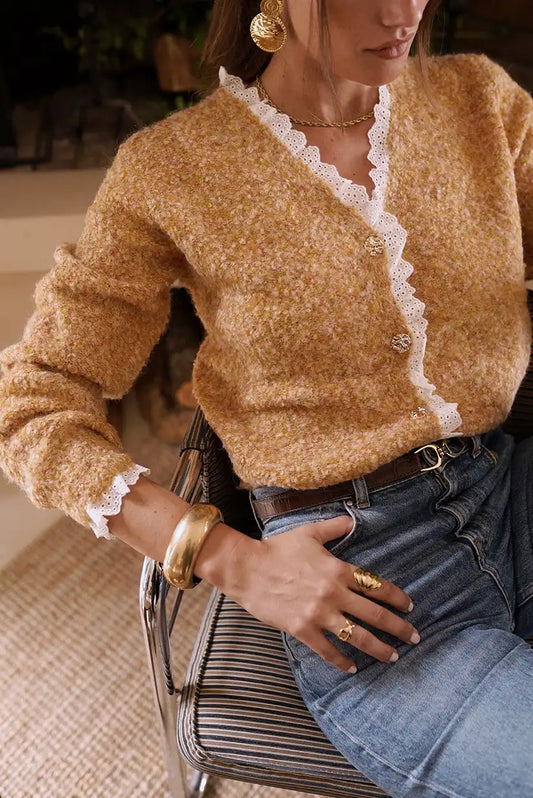 Chaqueta Mostaza Mujer con Encaje y Botones Joya Bouclé Vintage - CHICA del Sur