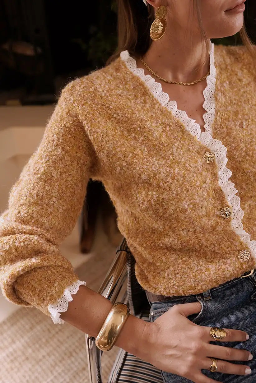 Chaqueta Mostaza Mujer con Encaje y Botones Joya Bouclé Vintage - CHICA del Sur