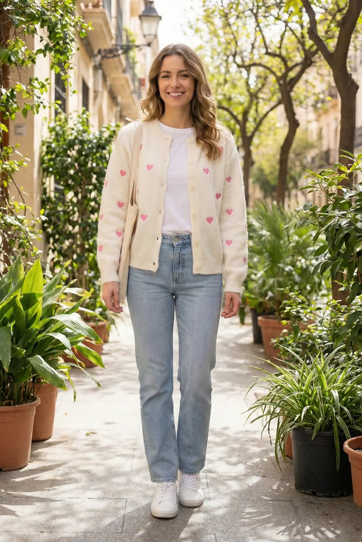 Mujer con chaqueta beige de punto con corazones rosas, jeans y zapatillas, moda casual CHICA del Sur