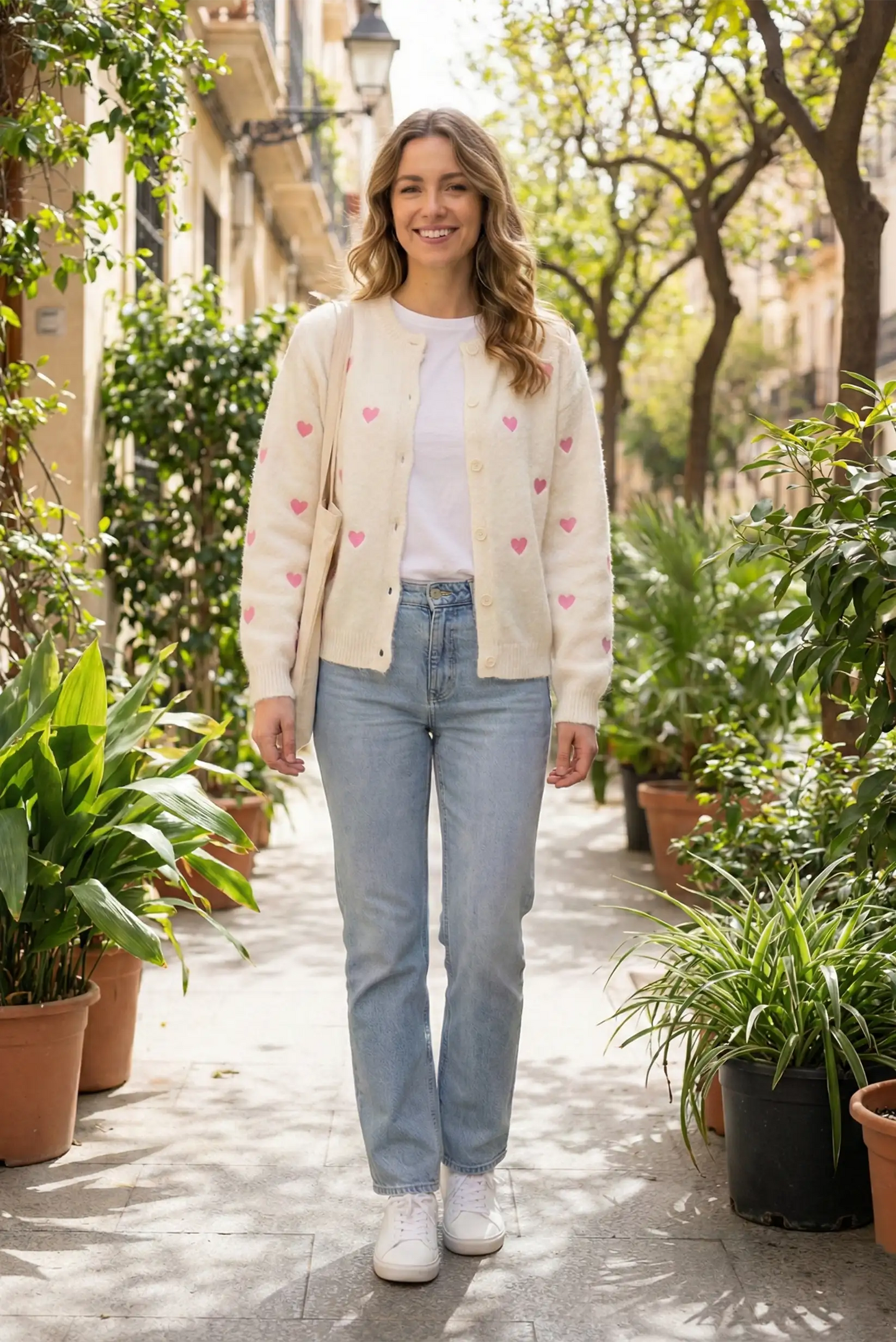 Mujer con chaqueta beige de punto con corazones rosas, jeans y zapatillas, moda casual CHICA del Sur