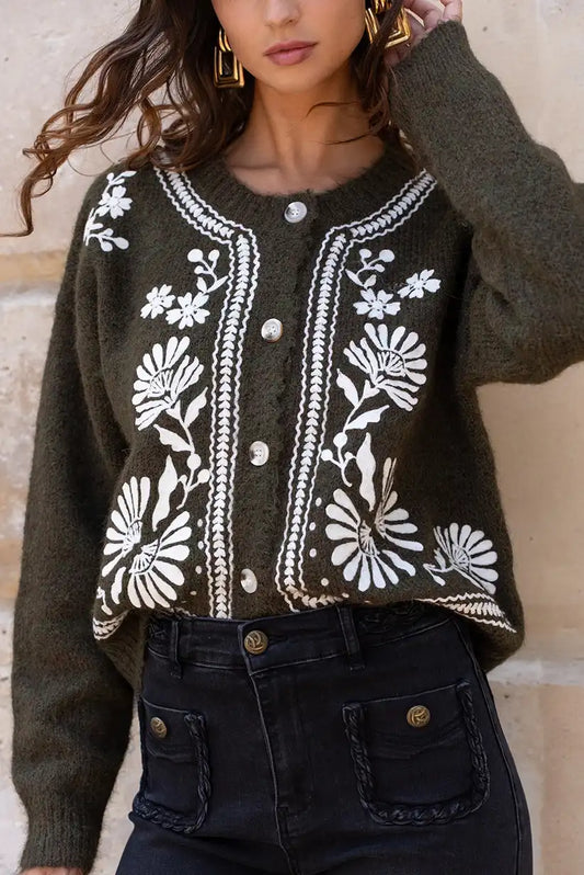 Chaqueta Verde Mujer con Bordados Florales Blancos Estilo Folk - CHICA del Sur