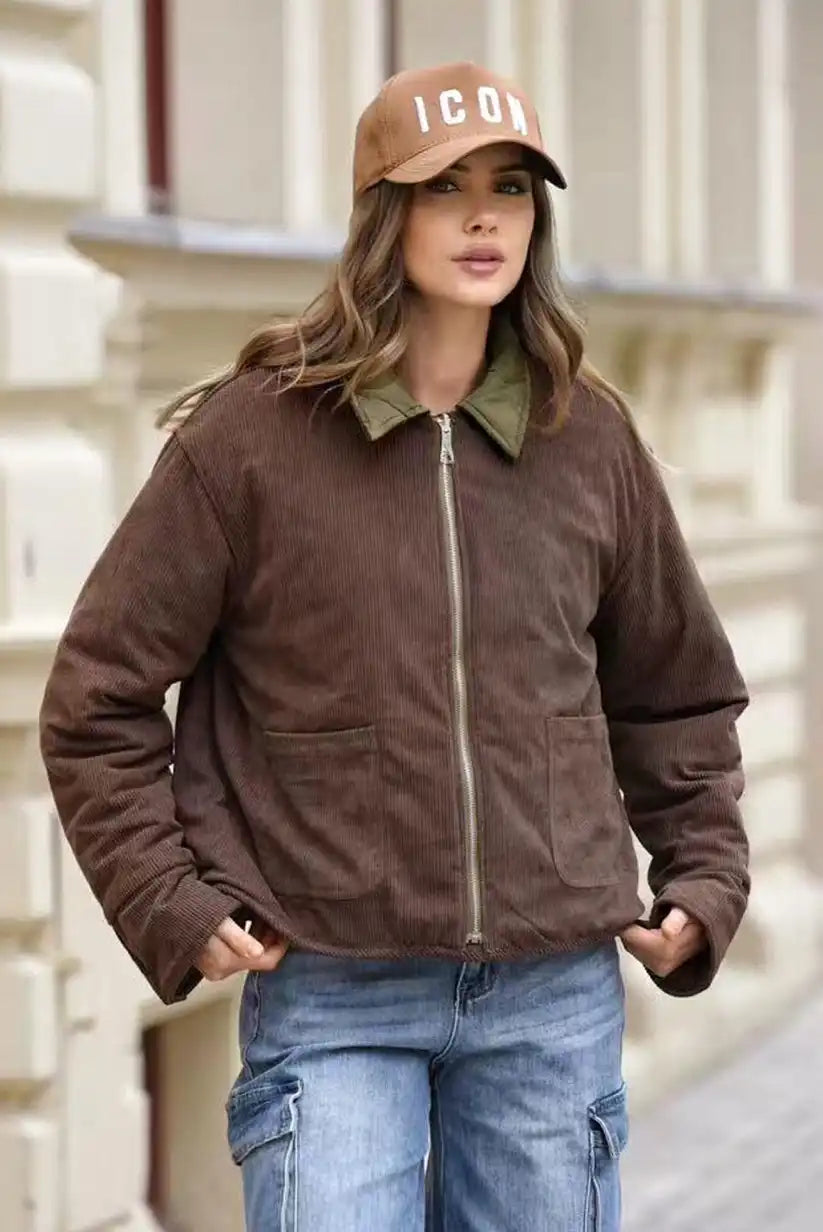 Chaqueta Mujer Reversible Verde Kaki y Pana Marrón Acolchada - CHICA del Sur