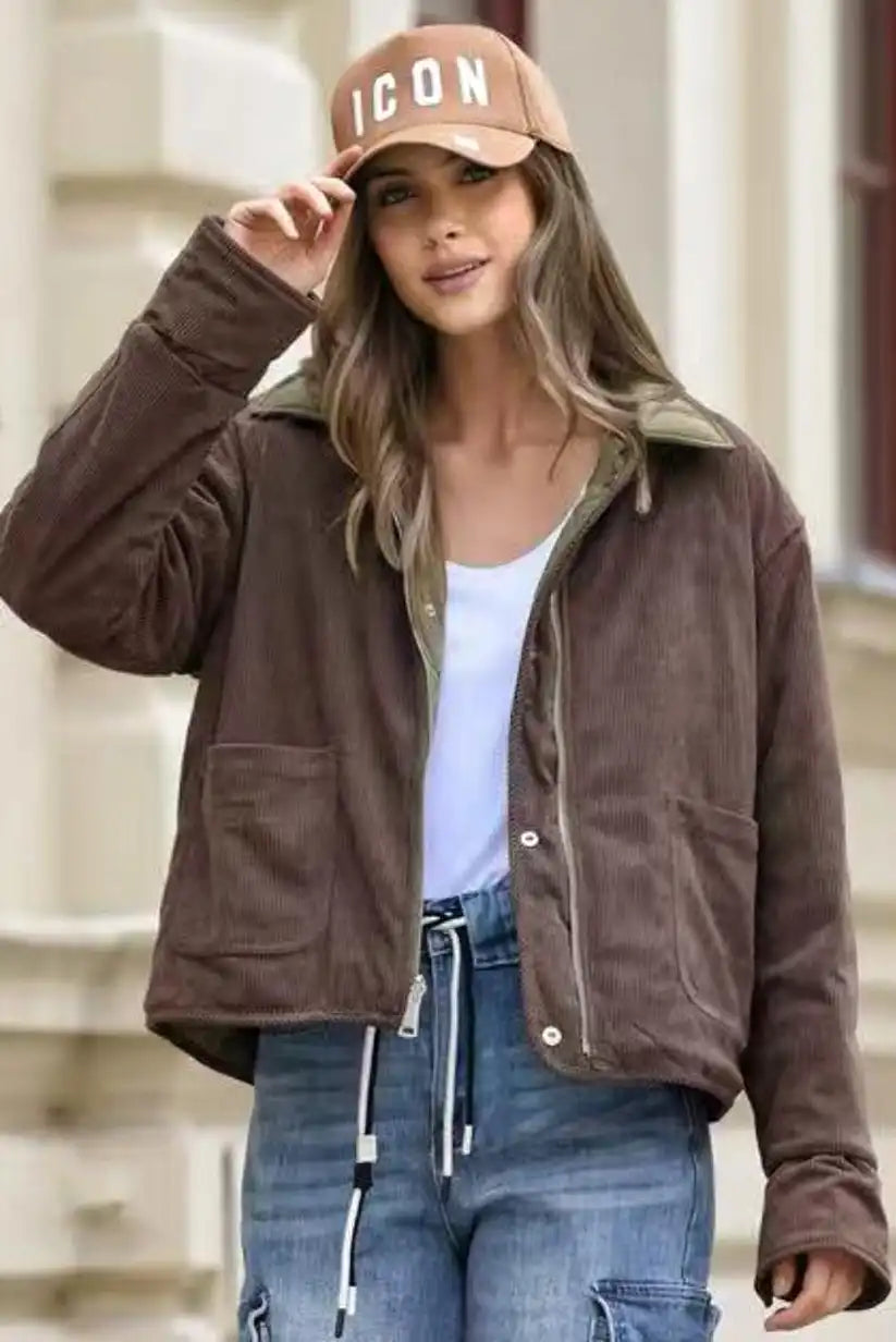 Chaqueta Mujer Reversible Verde Kaki y Pana Marrón Acolchada - CHICA del Sur