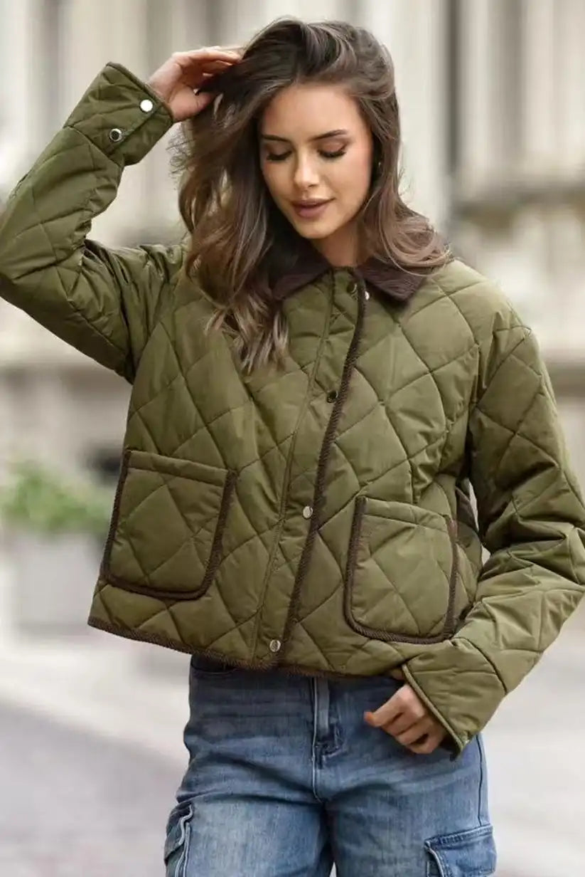 Chaqueta Mujer Reversible Verde Kaki y Pana Marrón Acolchada - CHICA del Sur