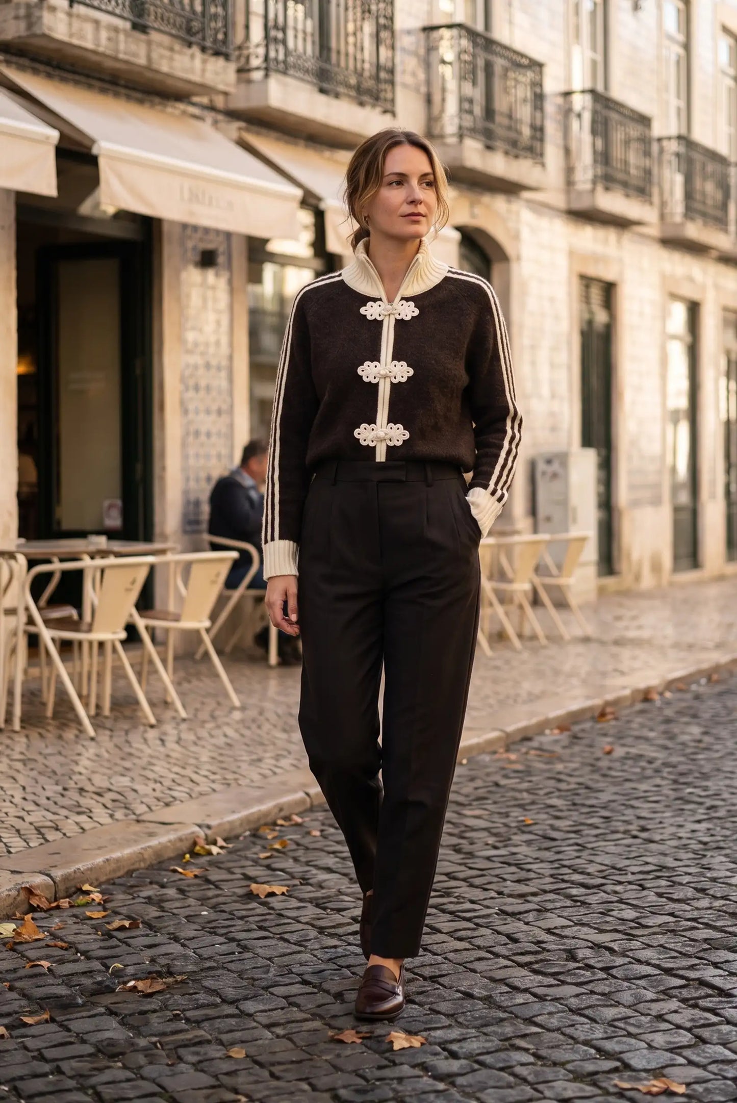Mujer con chaqueta marrón de botones ornamentales y pantalones negros en calle empedrada.